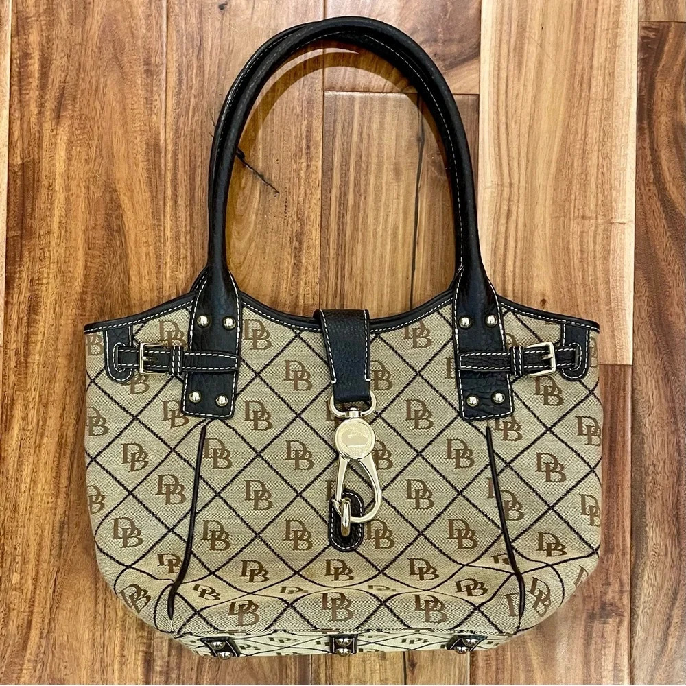 Vintage Dooney & Bourke Brown and Tan Tulip Satchel Logo Purse/Bag w/Lock Strap - Picture 3 of 13